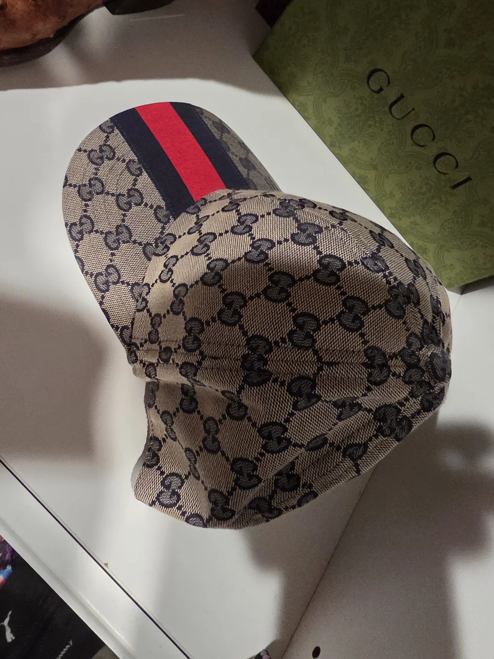 Gucci Beige GG Supreme Cap with Red and Black Stripe